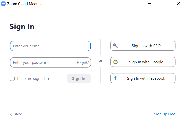 Zoom sign in screen