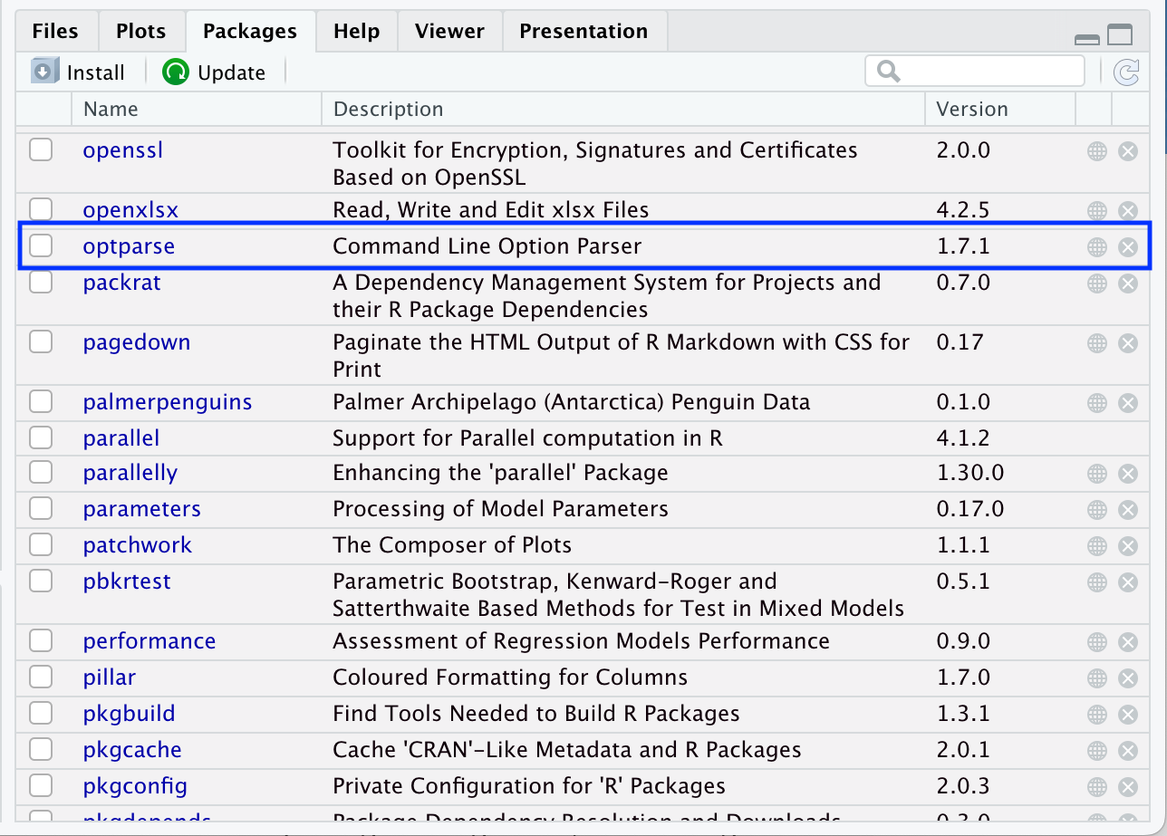 Shows that the optparse package is already installed on this computer