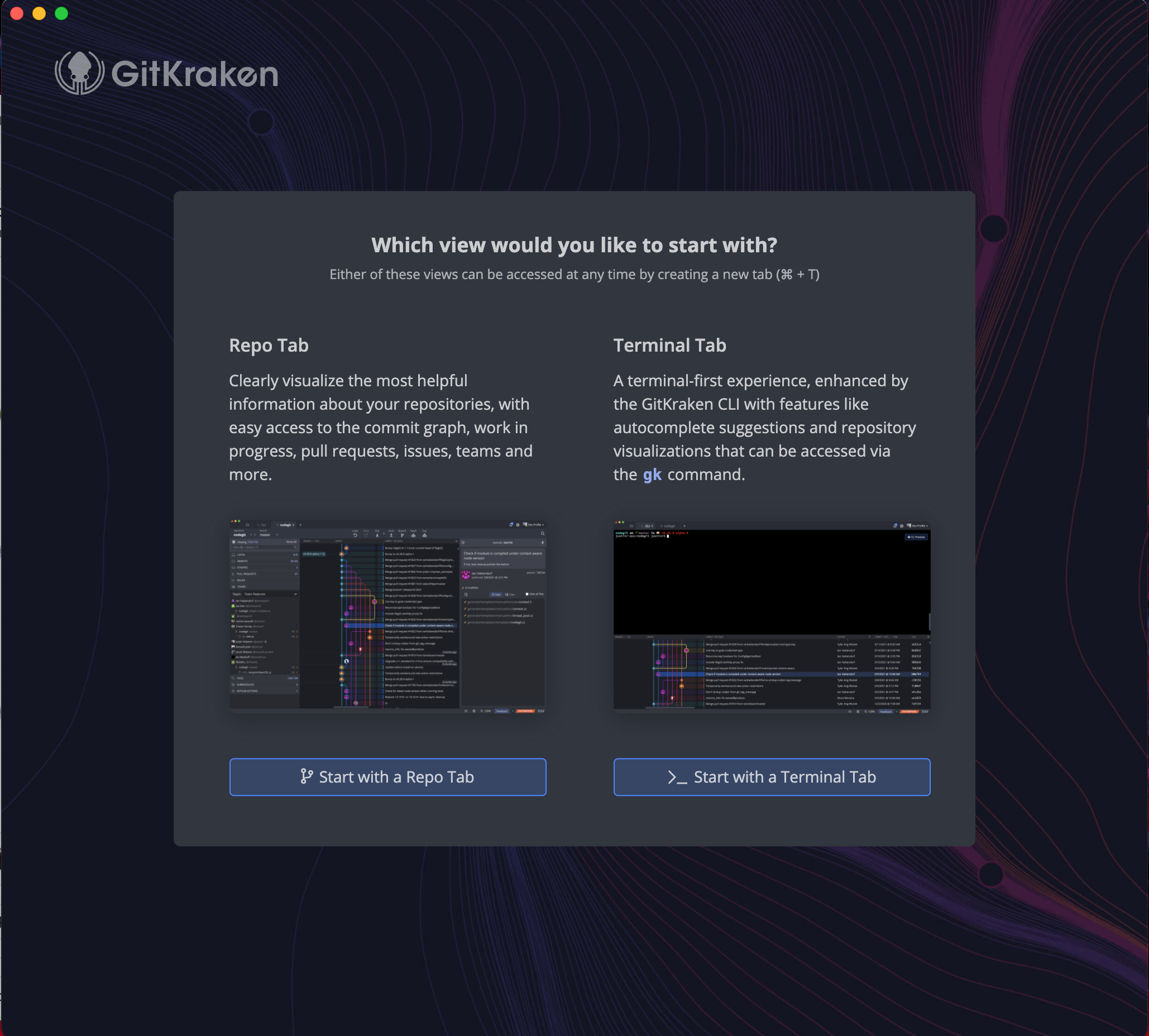 GitKraken Choose Repo or Terminal Tab