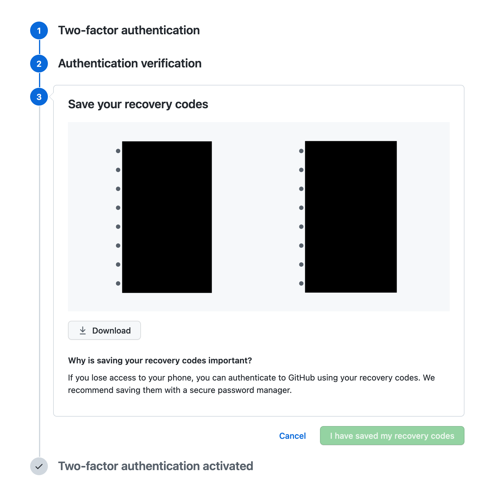 GitHub 2FA Recovery Codes