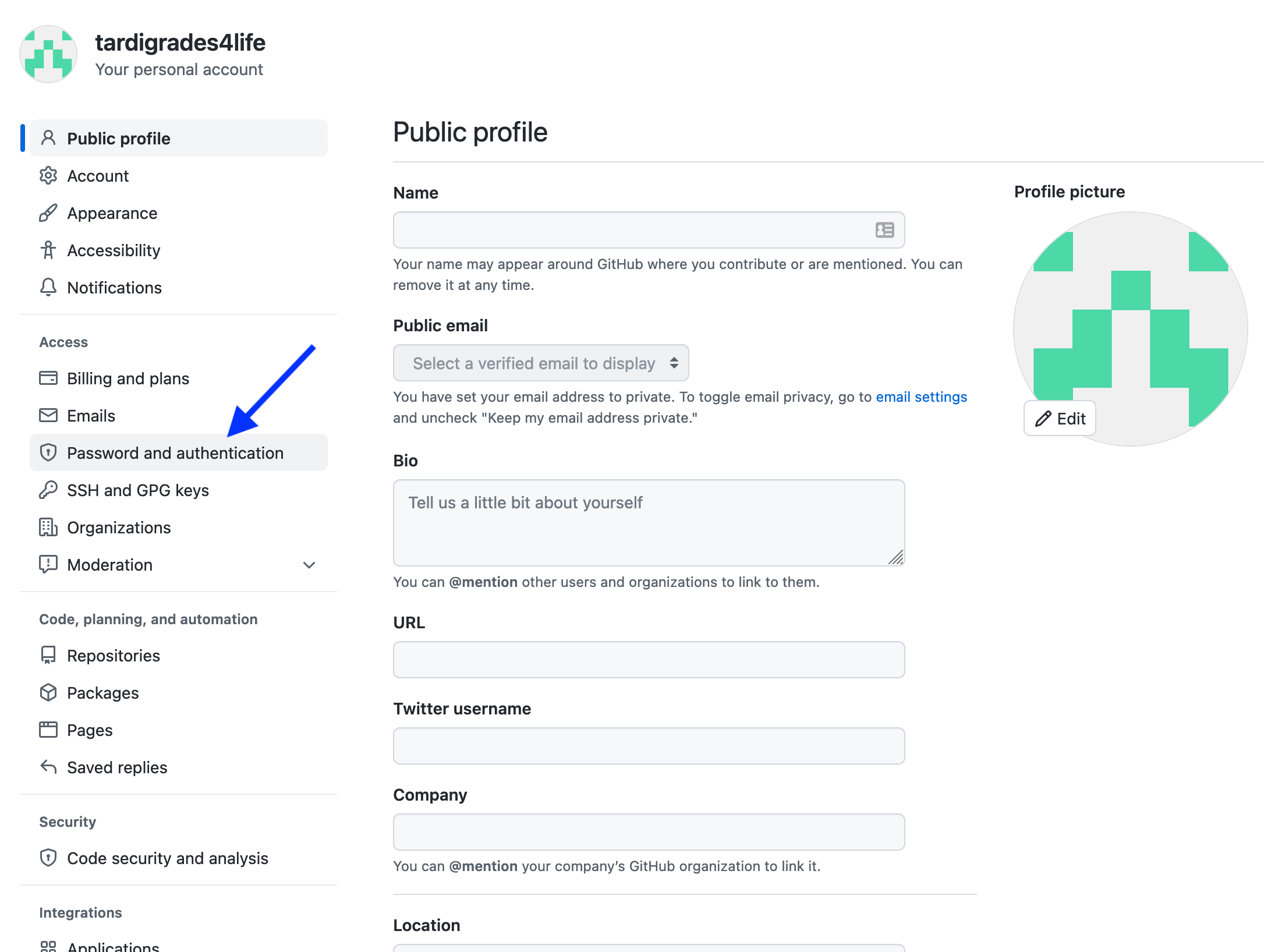 GitHub Settings Left Pane