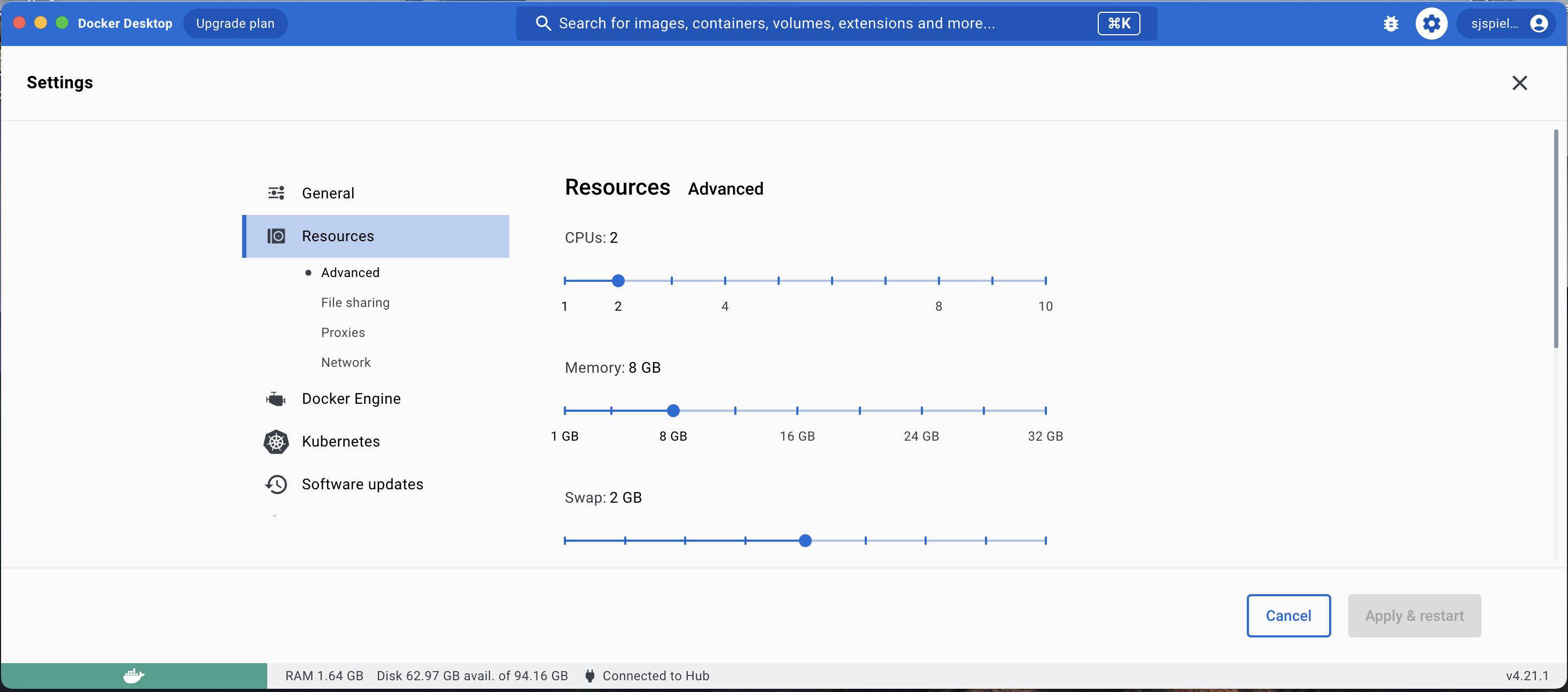 Settings for Docker Desktop Resources