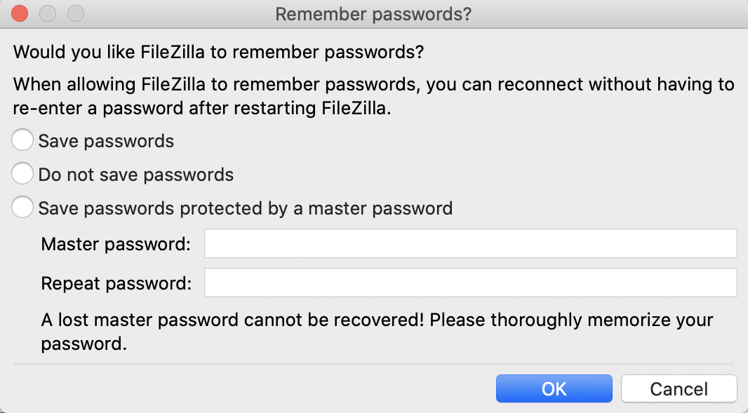 FileZilla save passwords